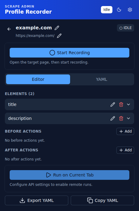A profile's detail view, showing its recorded elements and before/after actions