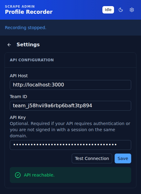 The Settings view with API Host, Team ID, and API Key filled in, showing a successful "API reachable." connection test