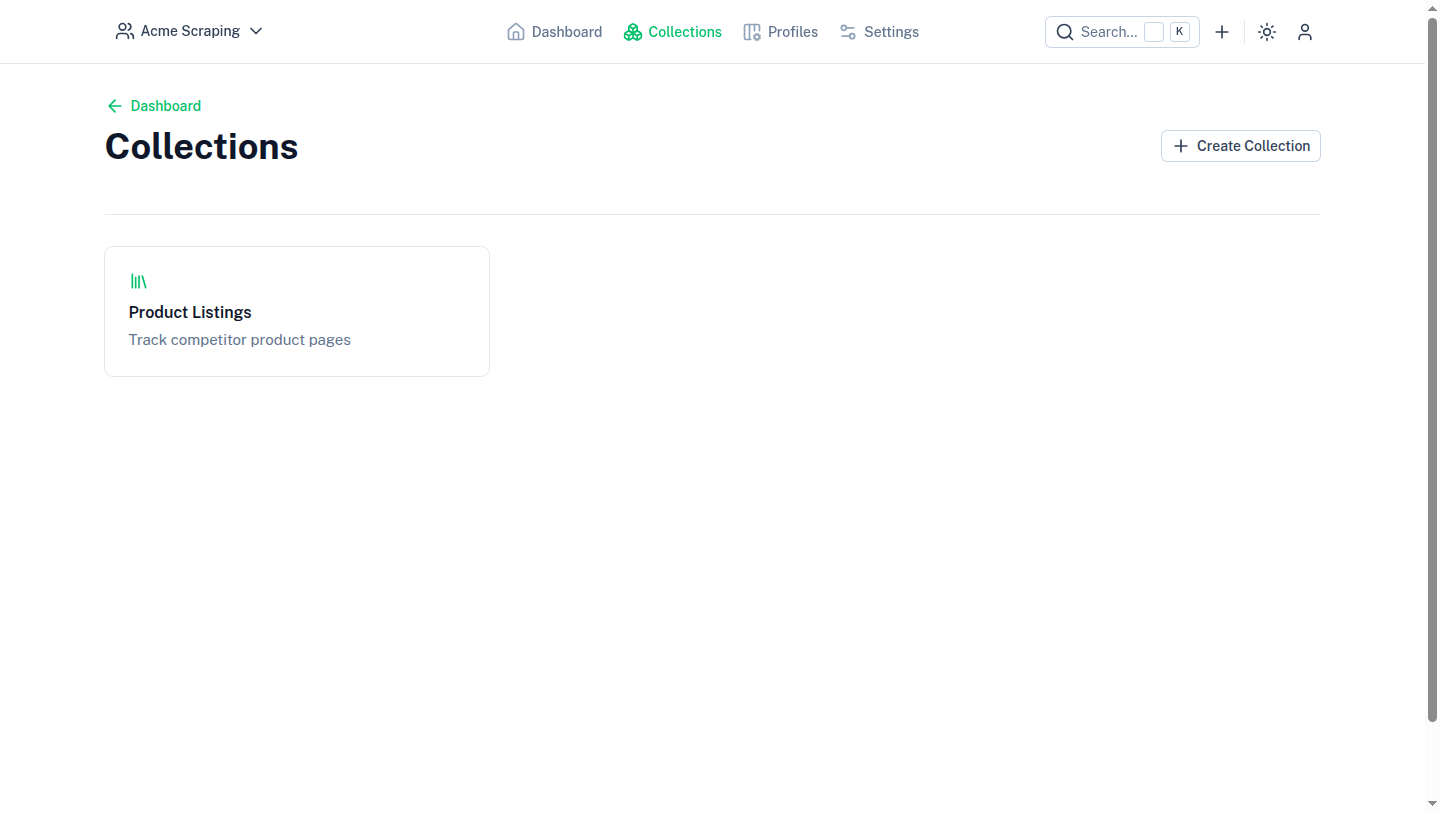 The collections list in the web app